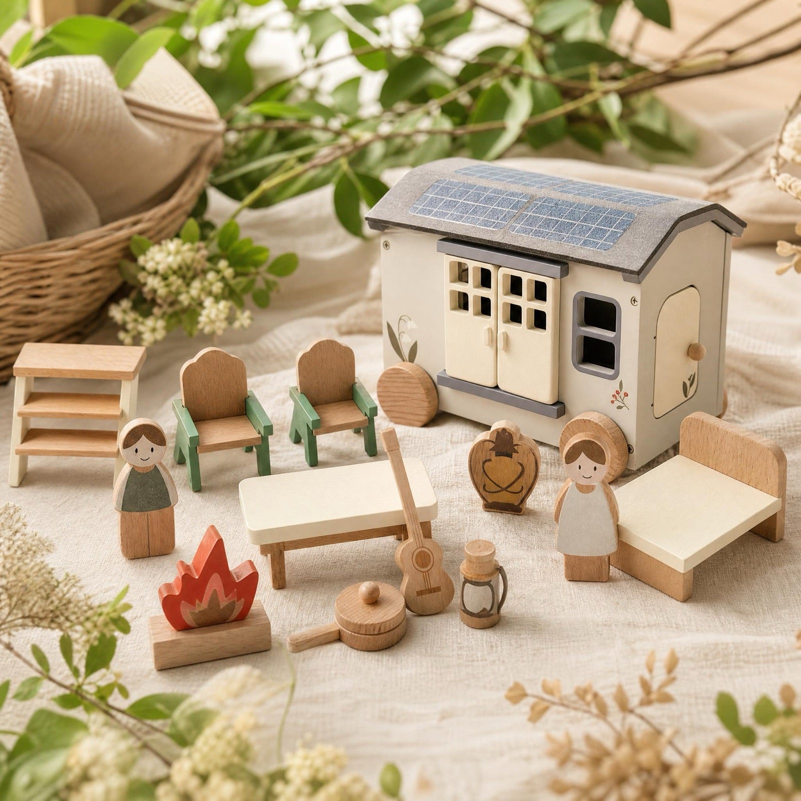 Wooden dollhouse camping scene with figures and furniture