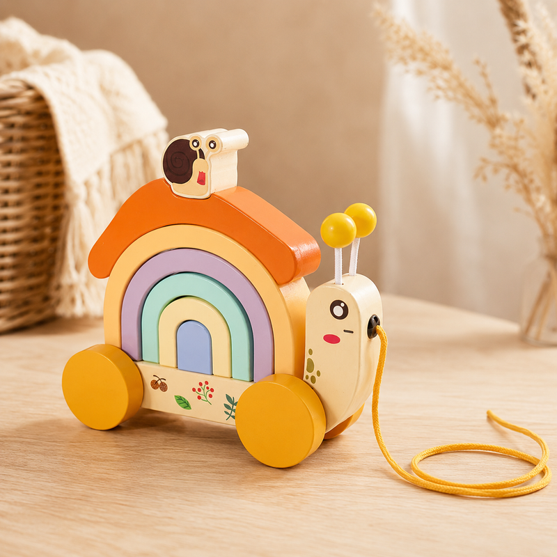 Wooden Pull-Along Snail with Rainbow Stacking Blocks