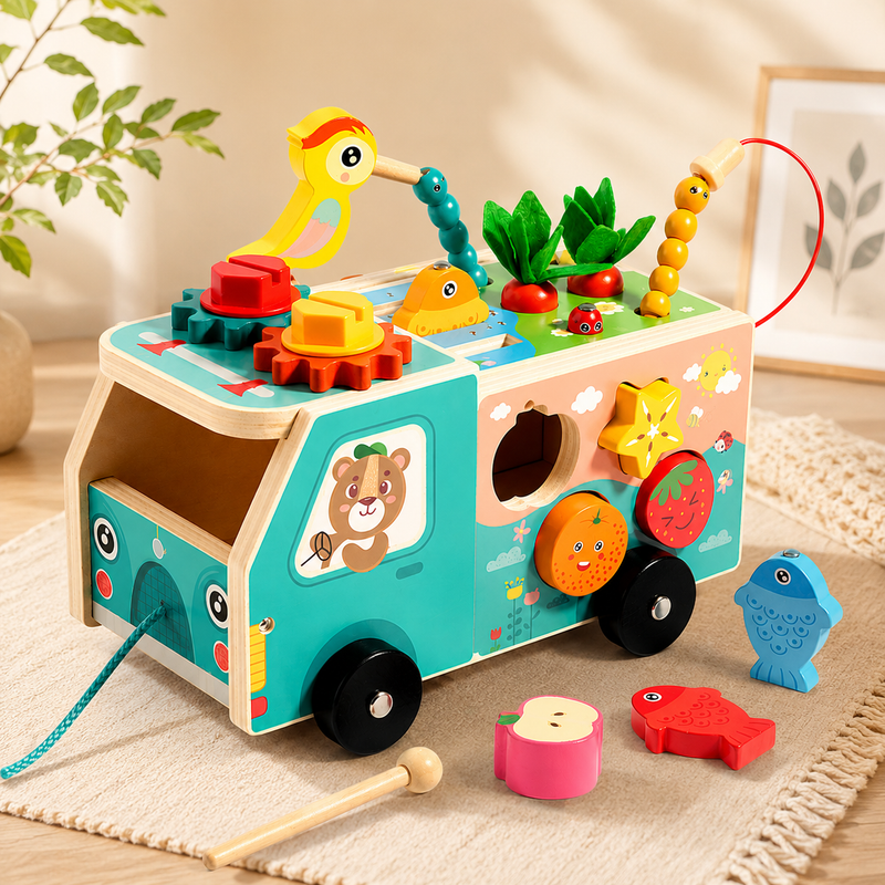 Wooden Farm Truck Activity Cube with Shape Sorter