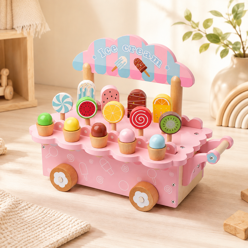 Ice Cream Supermarket Shopping Cart Wooden pretend play set
