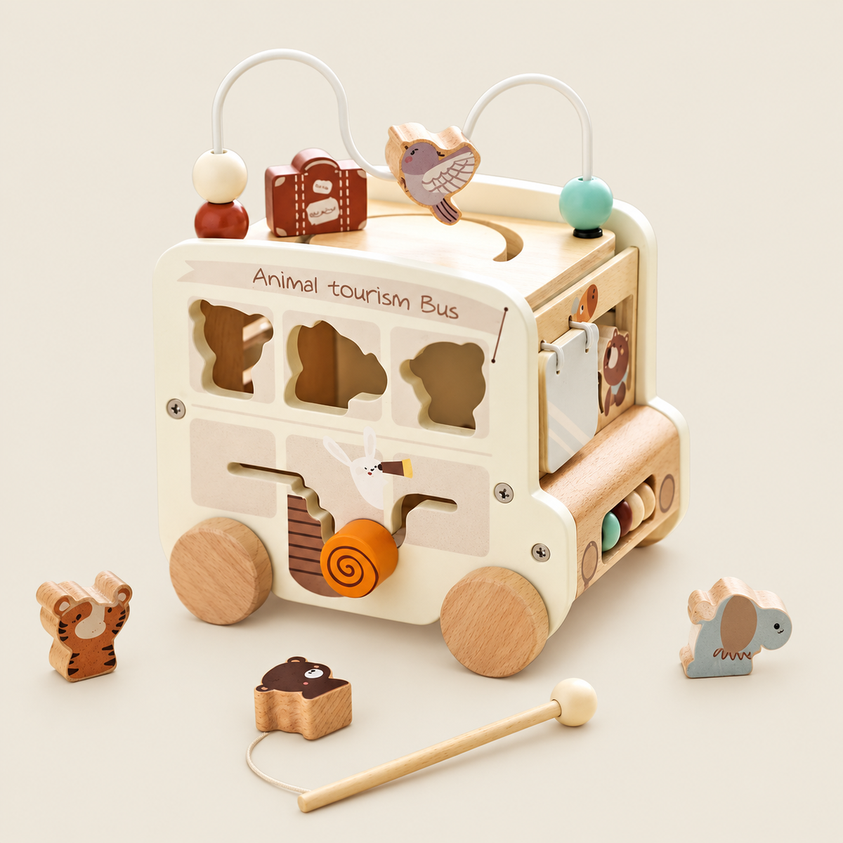 5-in-1 Wooden Activity Bus on warm neutral background