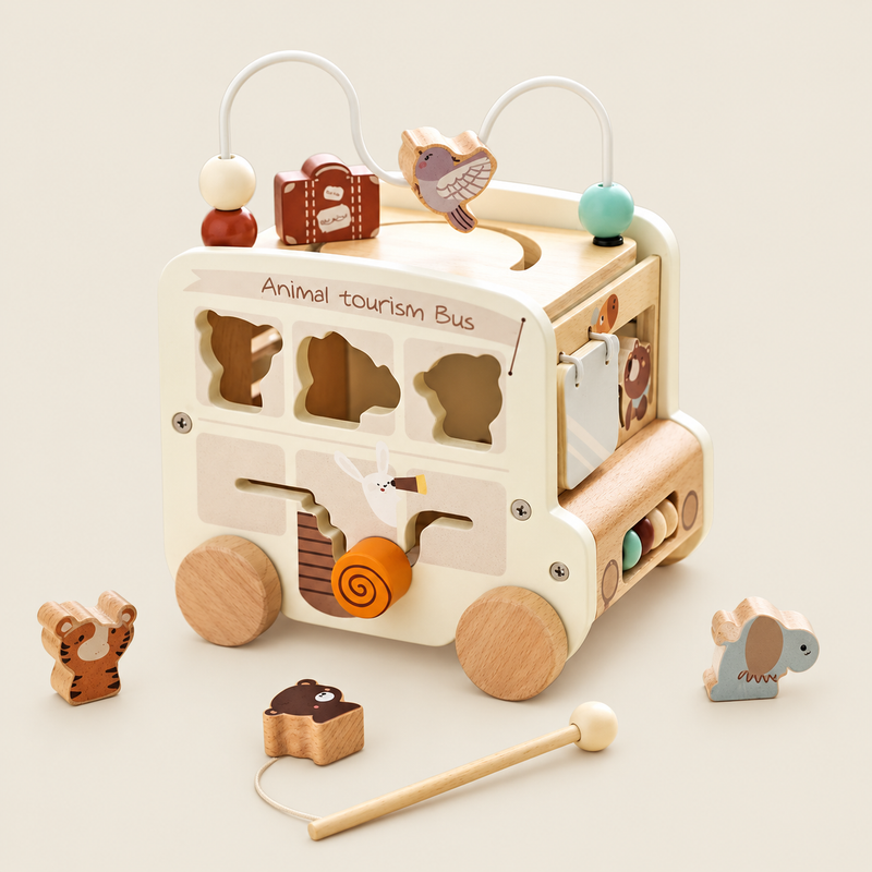 5-in-1 Wooden Activity Bus on warm neutral background