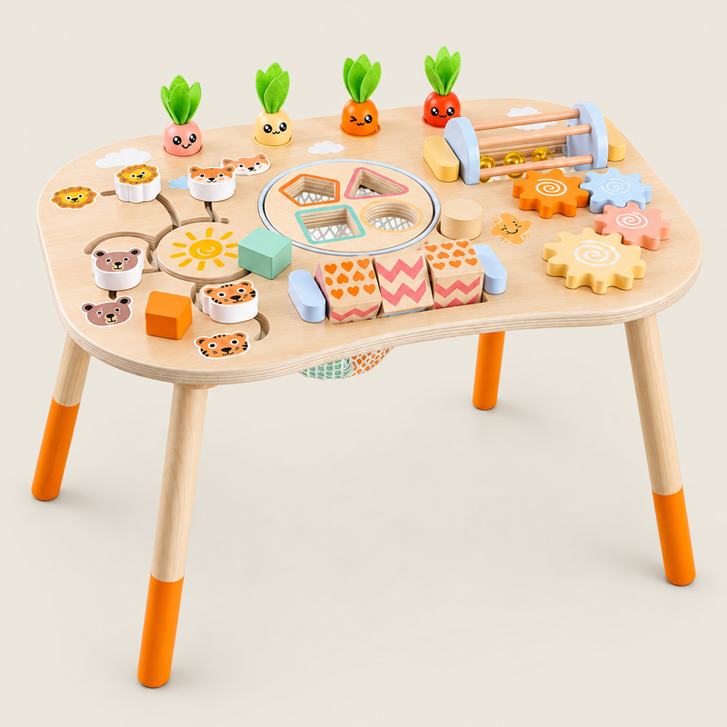 6-in-1 Wooden Multi-Activity Game Table on warm neutral background