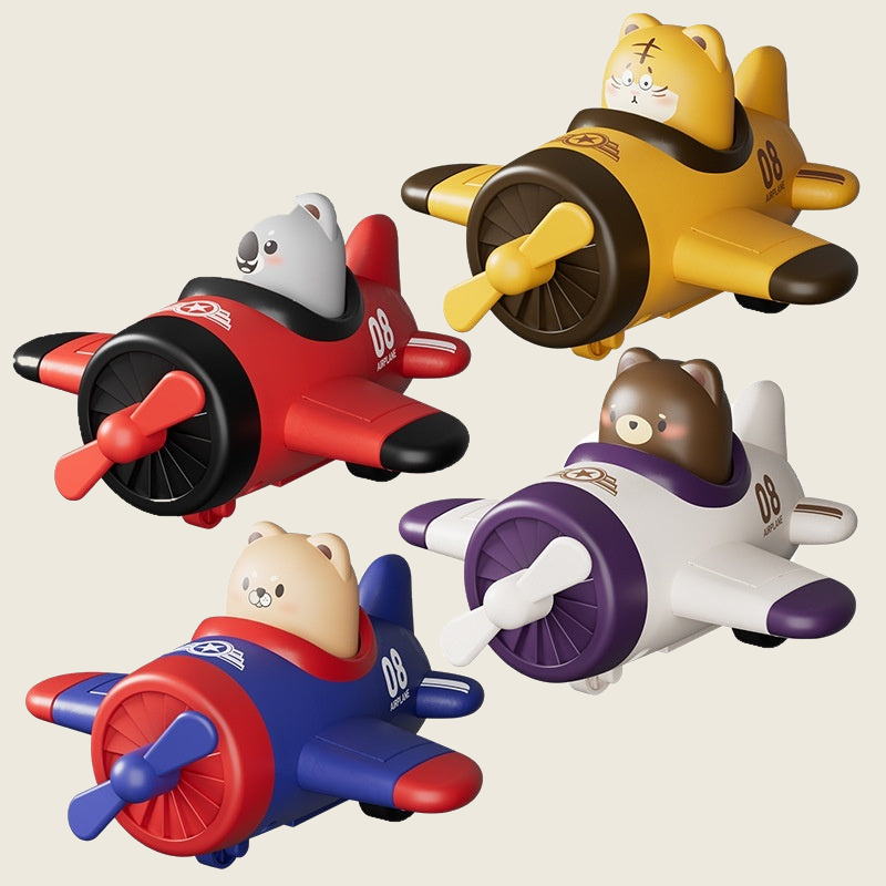 Tiger, Koala, Police Dog, and Brown Bear press-and-go toy airplanes on a cream background