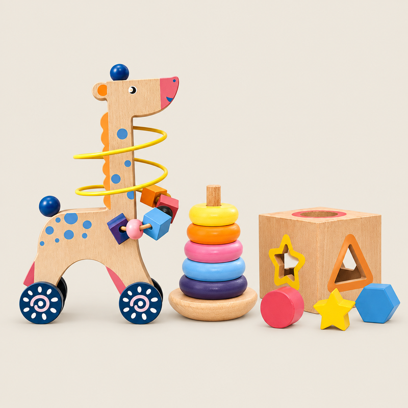 Animal Wooden Bead Three-Piece Gift Set on warm neutral background