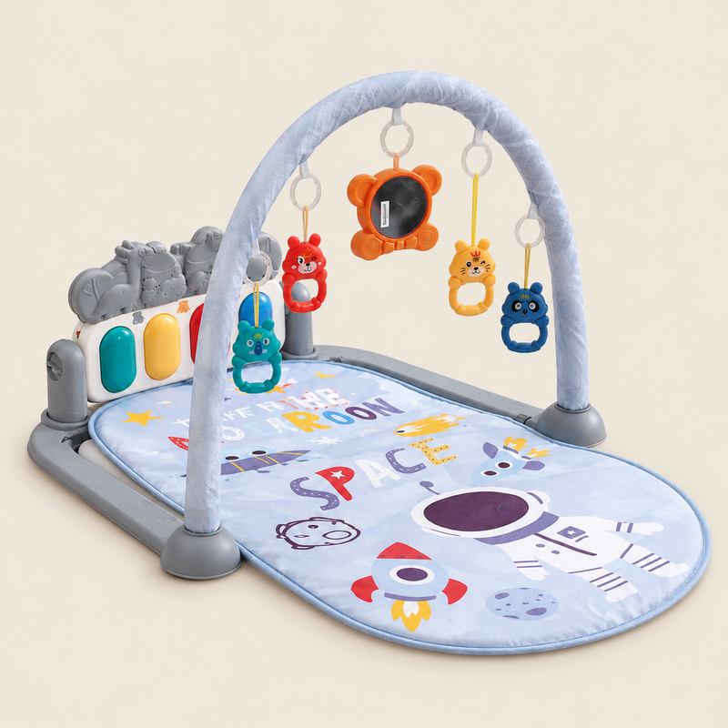 Baby Activity Gym & Play Mat with Detachable Rattles on warm neutral background