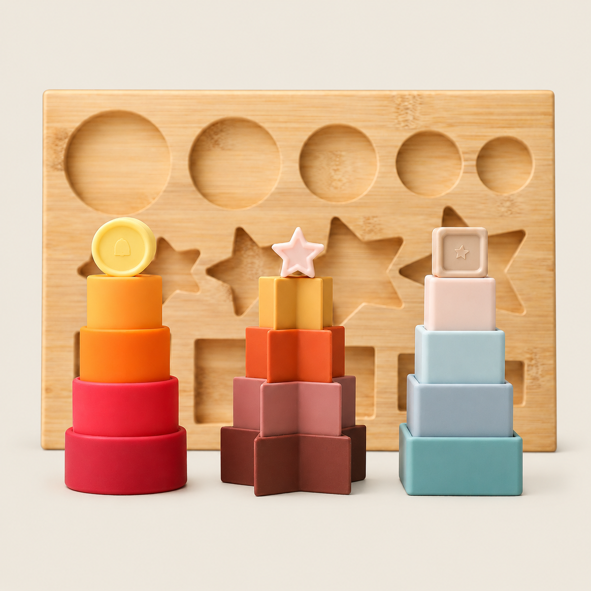 Silicone Puzzle Building Blocks And Stacking Board on warm neutral background