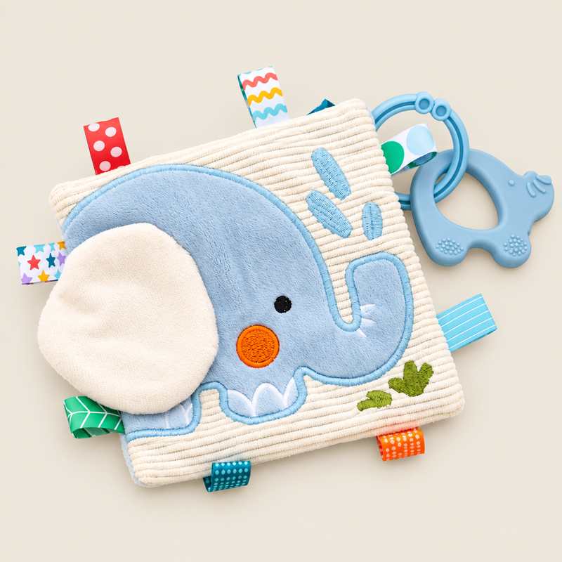 Baby Elephant Sensory Crinkle Toy with Teether on warm neutral background