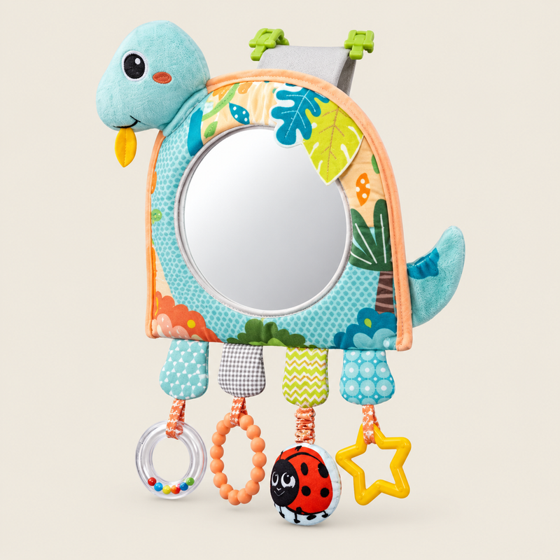 Baby Travel Mirror with Hanging Activity Toys on warm neutral background