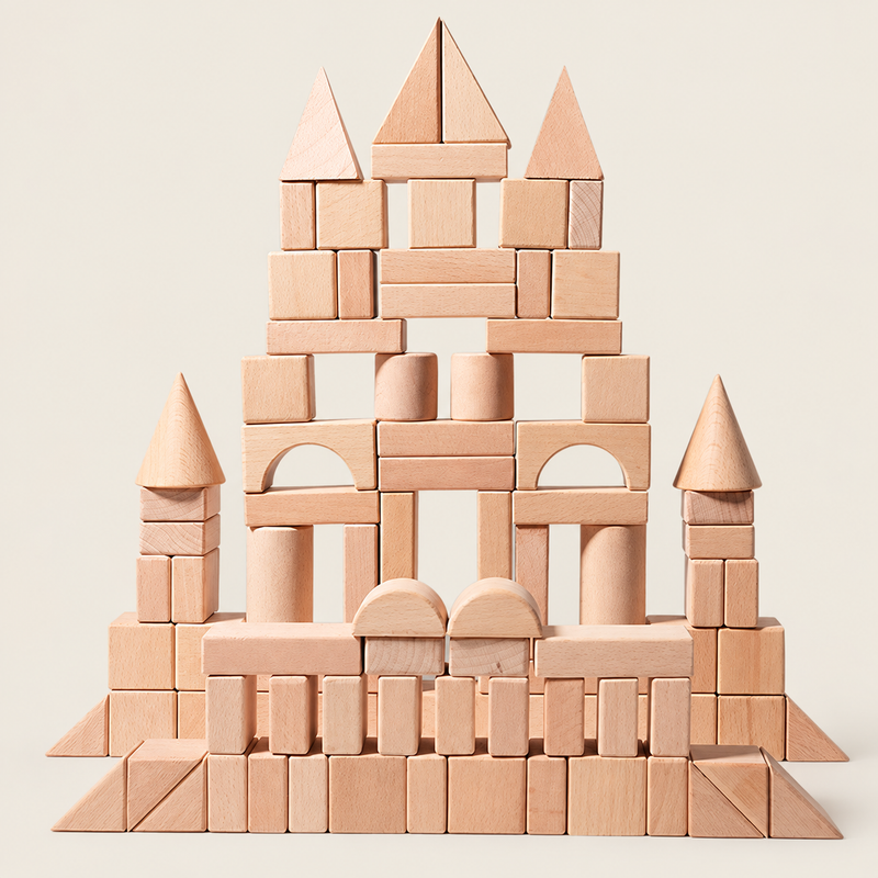 Beech wood building blocks arranged as a castle on a warm neutral background