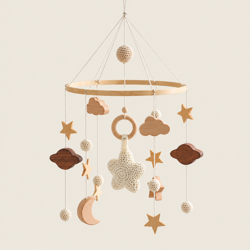 Boho Star, Moon & Cloud Nursery Mobile on warm neutral background
