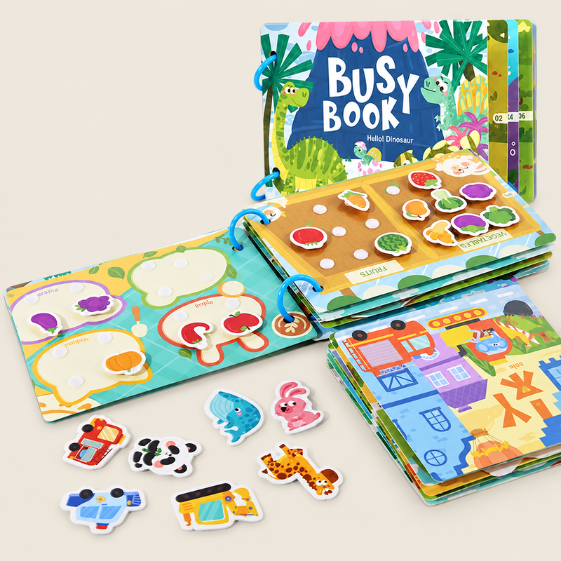 Kids’ Reusable Busy Book – Matching Activities on warm neutral background