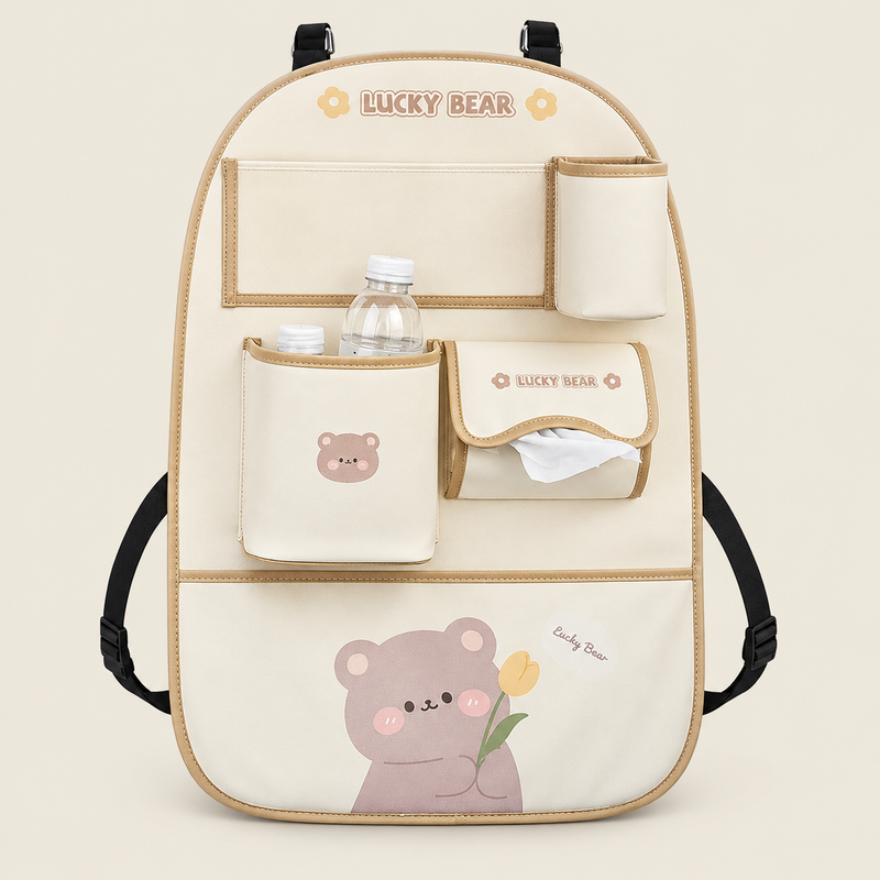 Car Seat Back Organizer & Kick Mat on warm neutral background