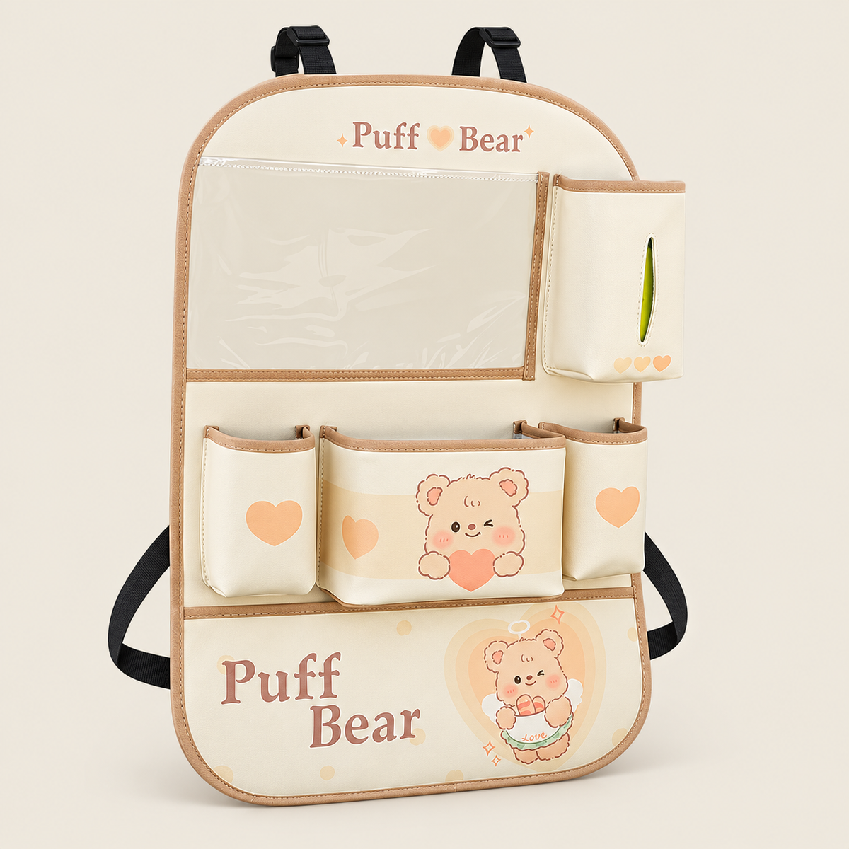 Car Seat Back Organizer with Tablet Pocket on warm neutral background
