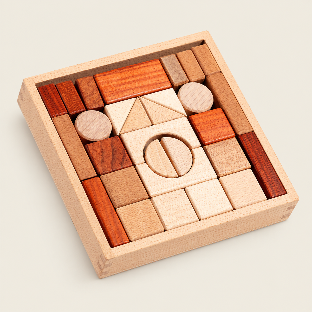 Wooden Geometric Blocks & Puzzle Tray on warm neutral background