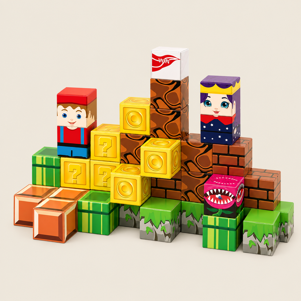 Colored Mini Magnetic Building Tiles on warm neutral background