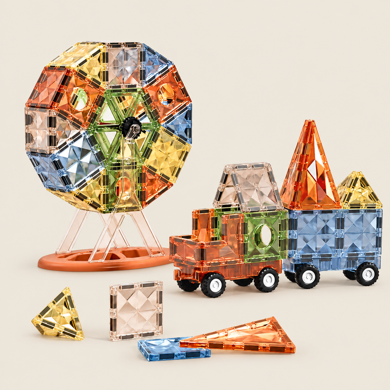 Colorful Magnetic Building Tiles on warm neutral background