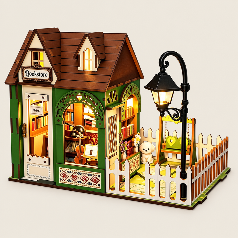 DIY Miniature Bookstore Model Kit with LED Light on warm neutral background