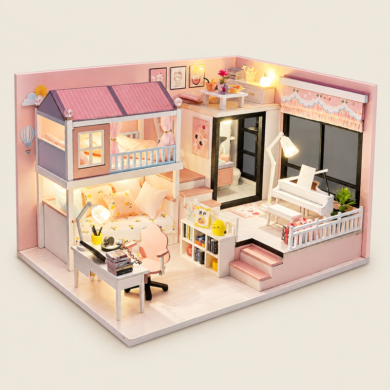 DIY Miniature Loft Room Model Kit on warm neutral background