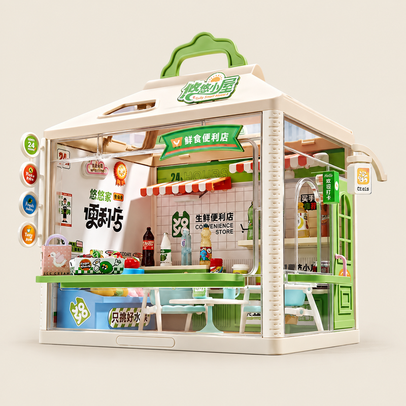 DIY Miniature Shop Model Kit with LED Light on warm neutral background