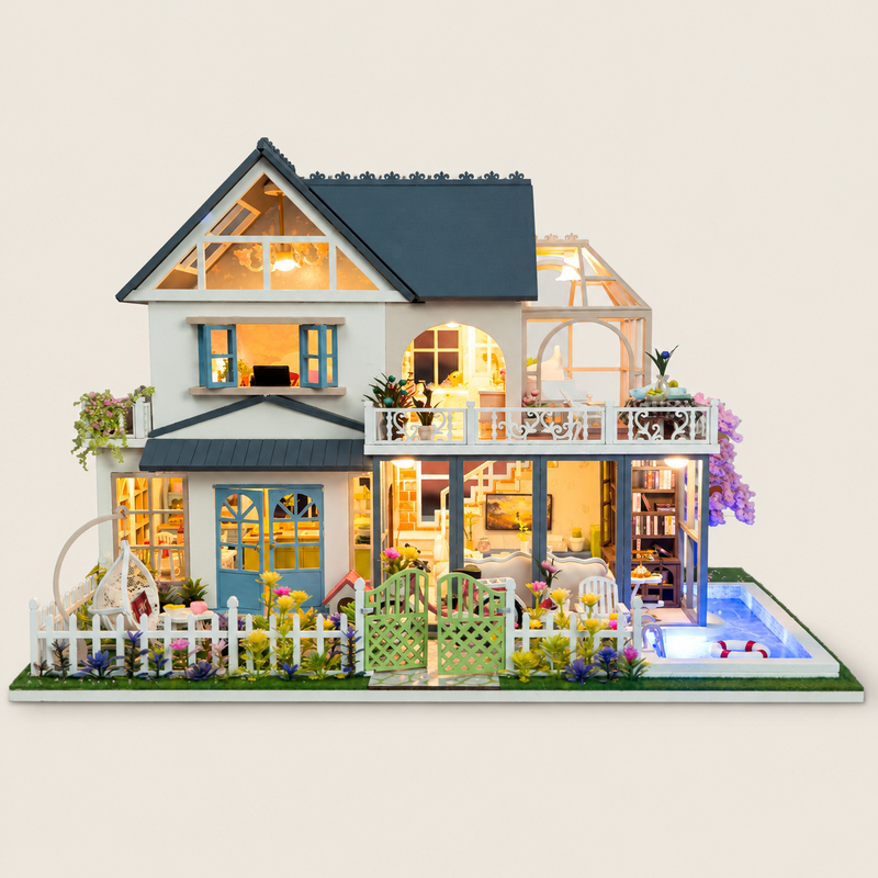 DIY Miniature Villa House Model Kit on warm neutral background