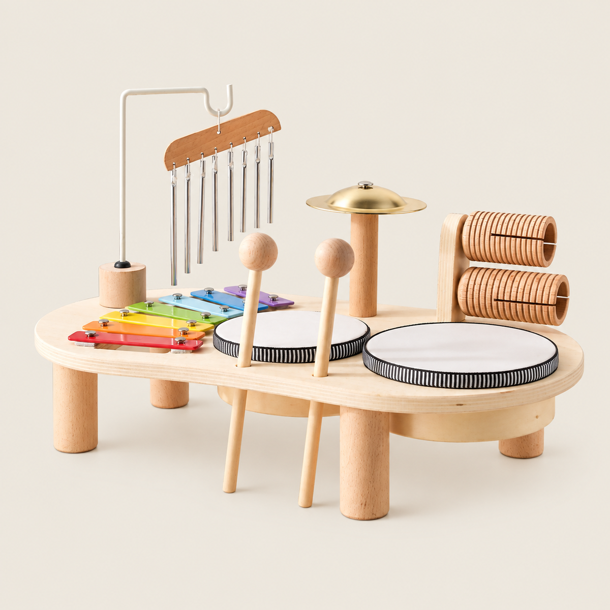 Wooden Multi-Instrument Music Table on warm neutral background