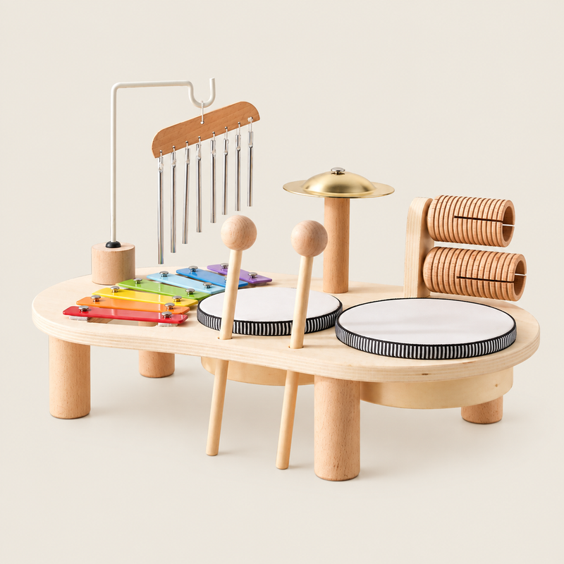 Wooden Multi-Instrument Music Table on warm neutral background
