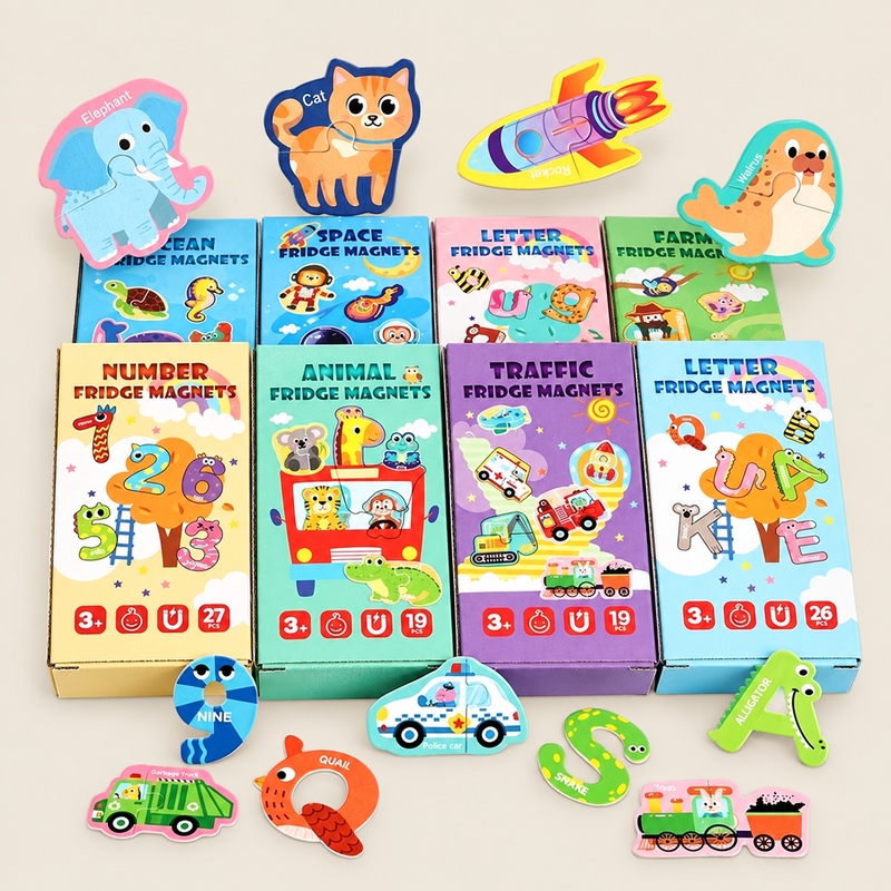 Educational Fridge Magnet Learning Set for Kids on warm neutral background