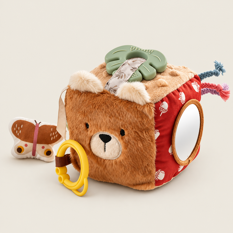 Forest Animal Sensory Activity Cube on warm neutral background