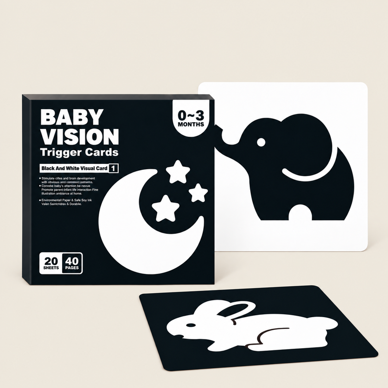 High-Contrast Black & White Visual Cards for Babies on warm neutral background