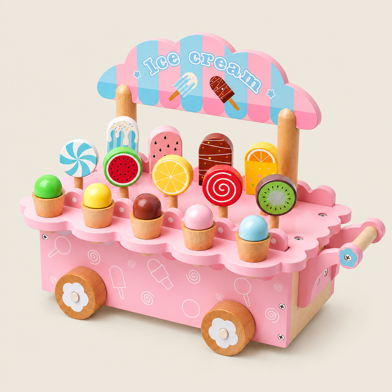 Ice Cream Supermarket Shopping Cart Wooden pretend play set on warm neutral background