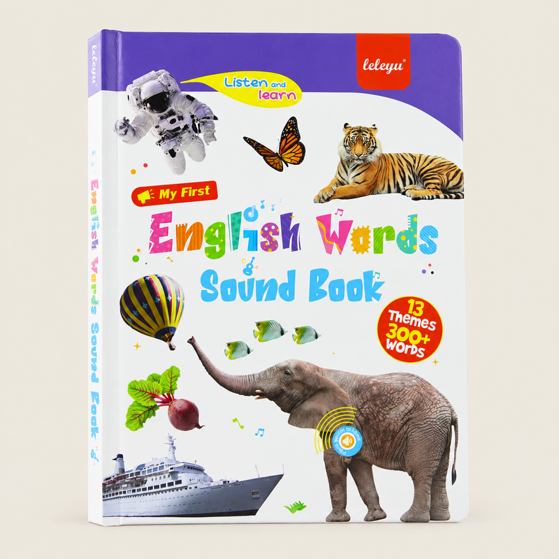 Interactive English Words Sound Book for Kids on warm neutral background