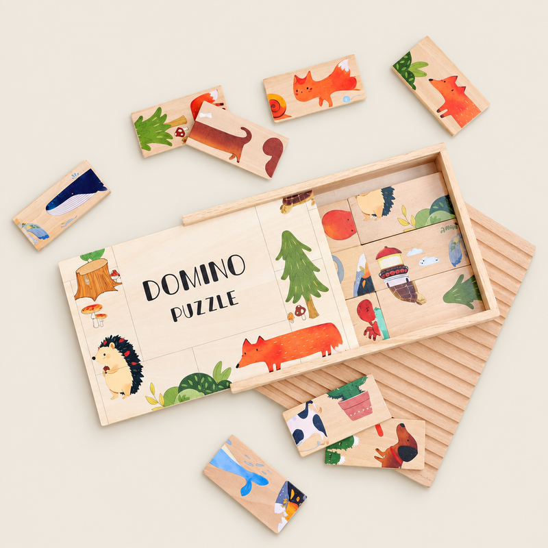 Kids Interactive Wooden Animal Domino Path Puzzle on warm neutral background