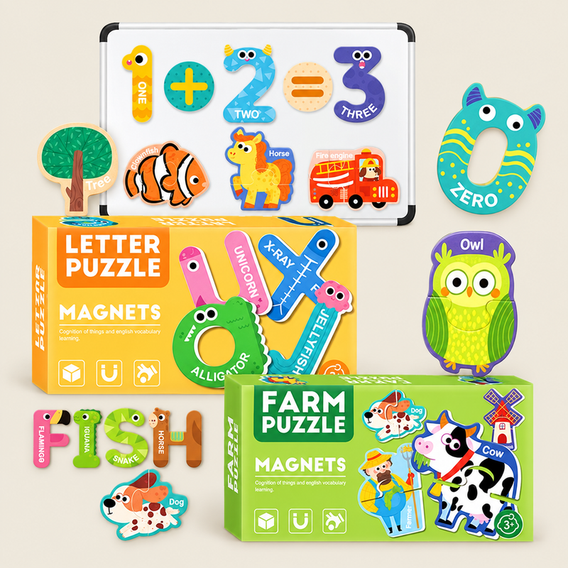 Magnetic Learning Puzzle Set – Letters, Numbers & Farm on warm neutral background
