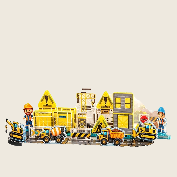 Magnetic city builder construction theme set on warm cream background