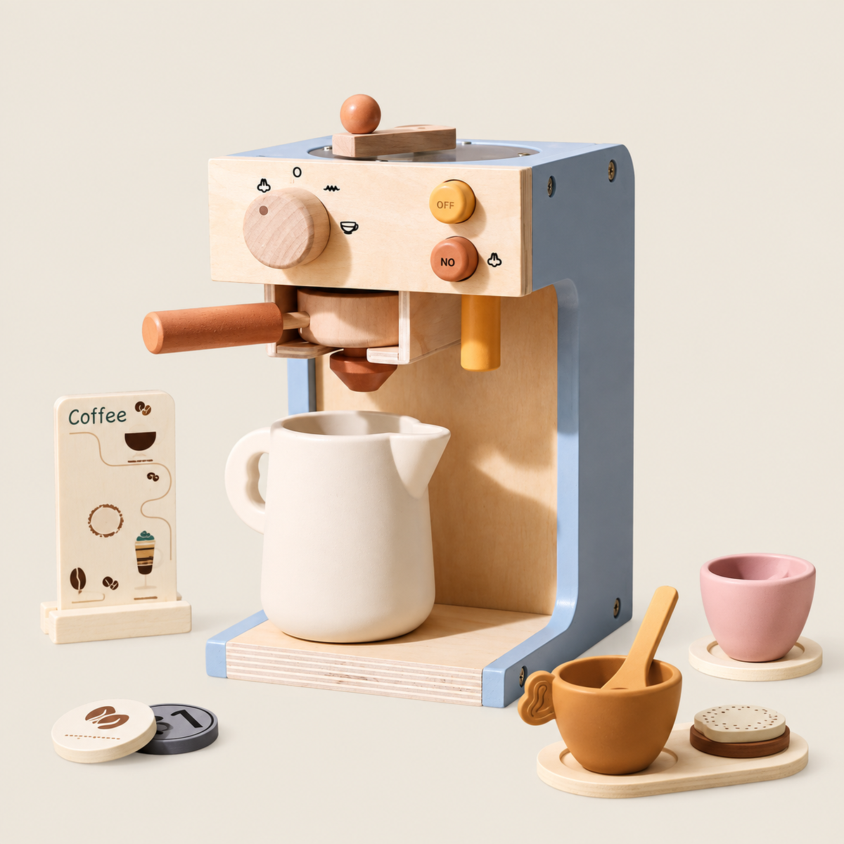 Wooden Pretend Coffee Maker Set on warm neutral background