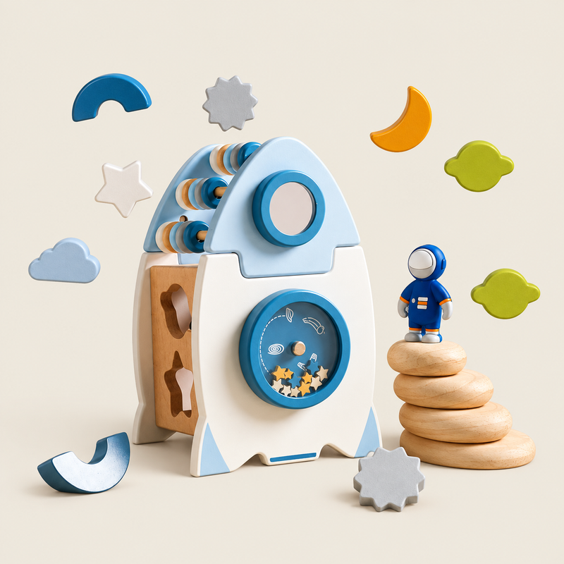 Montessori Educational Wooden Rocket Activity Box & Shape Sorter on warm neutral background