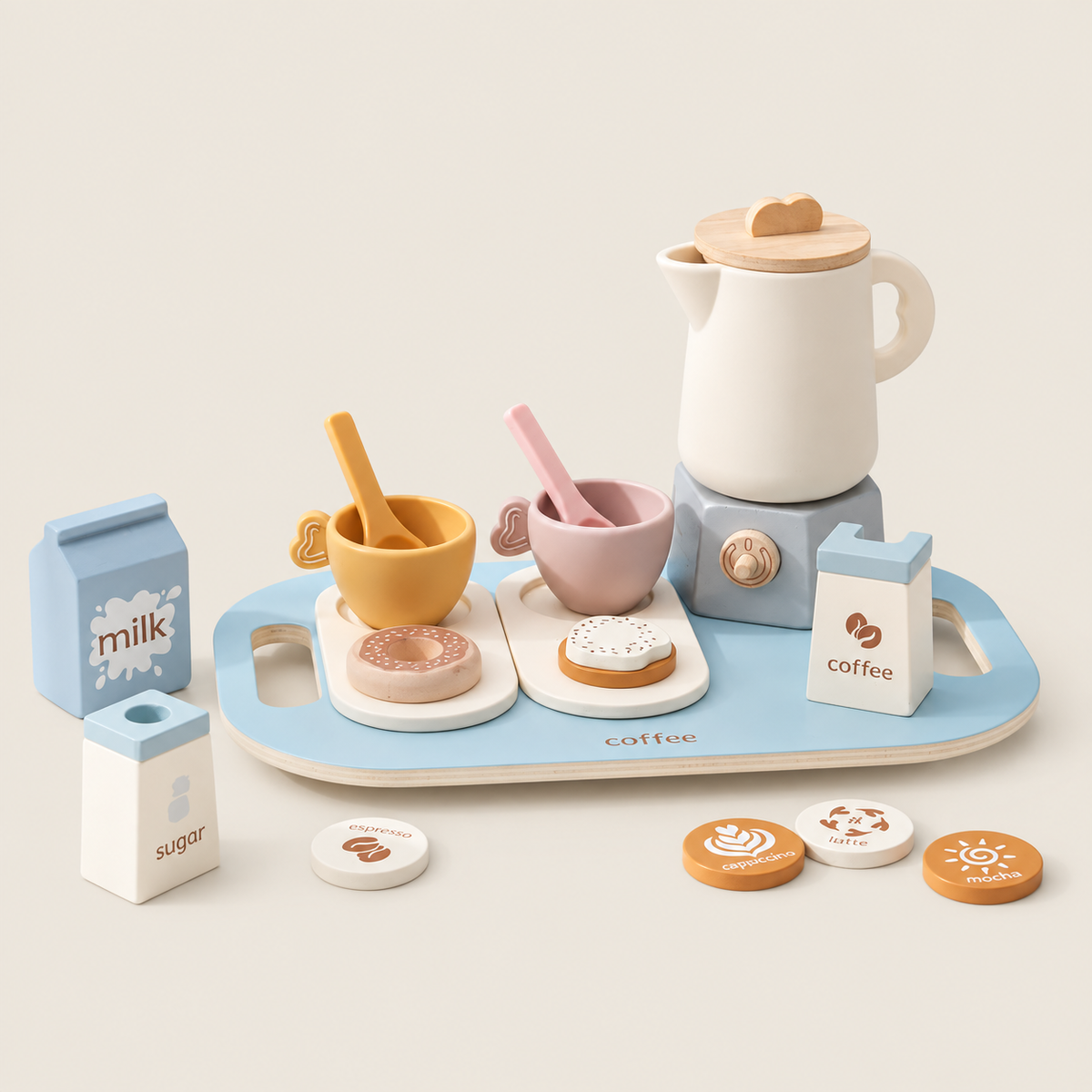 Silicone Wooden Pretend Coffee Shop Play Set for Kids on warm neutral background
