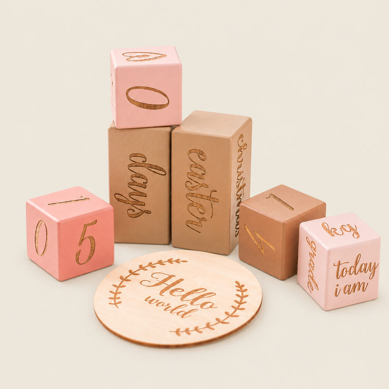 Newborn Keepsake Wooden Square Photography Prop on warm neutral background
