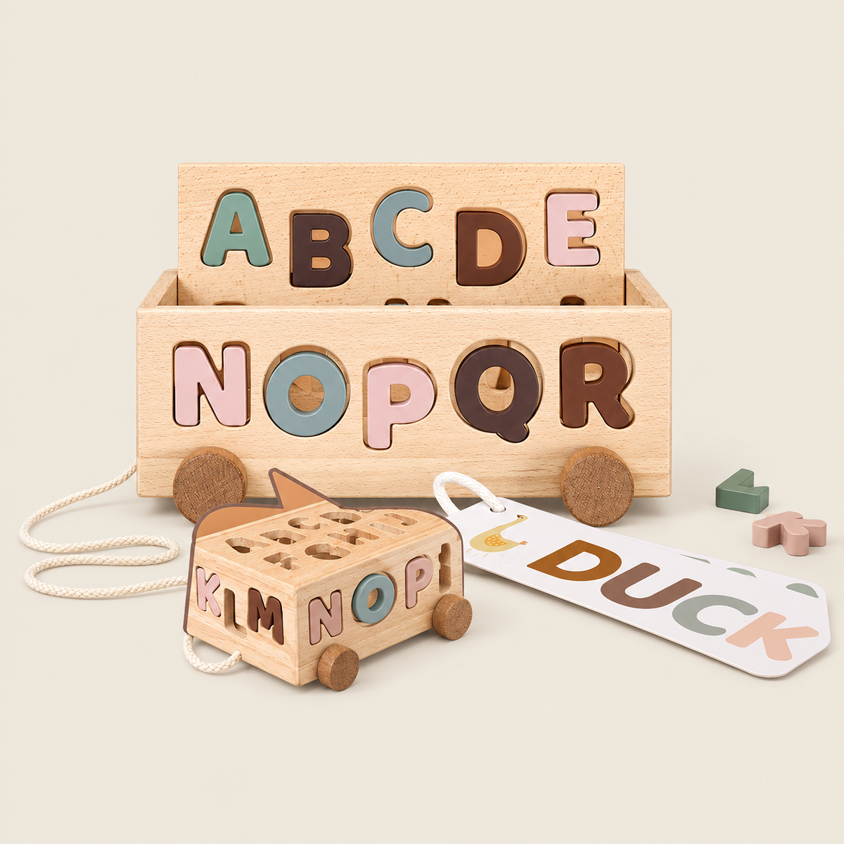 Nordic Style Wooden Alphabet Matching Bus on warm neutral background