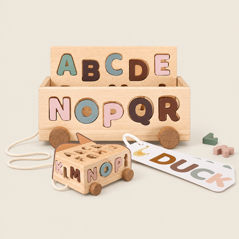 Nordic Style Wooden Alphabet Matching Bus on warm neutral background