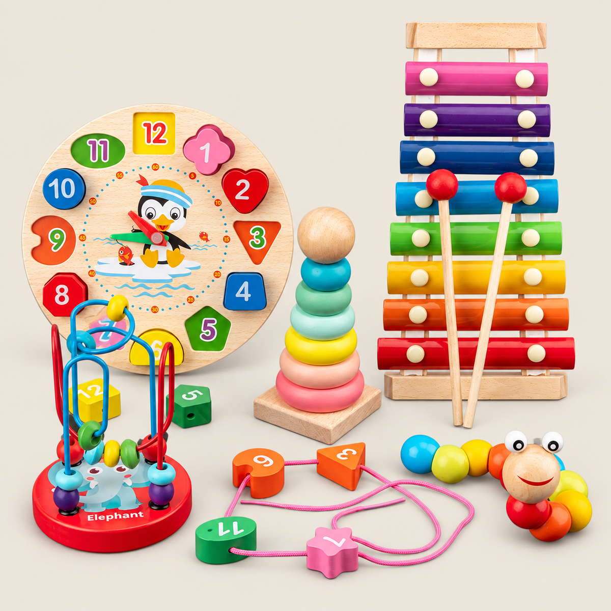 Orff Wooden Early Learning Activity Toy Set on warm neutral background