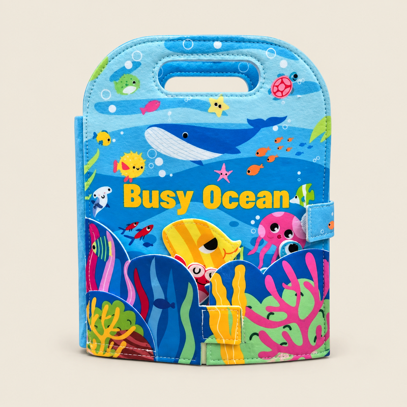 Portable Ocean Felt Busy Book – Quiet Play Activity on warm neutral background