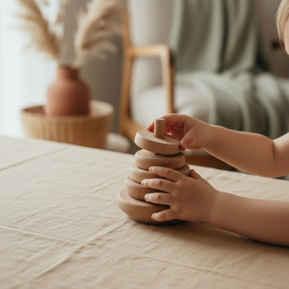 A young child's hands stacking a wooden ring toy on a linen table