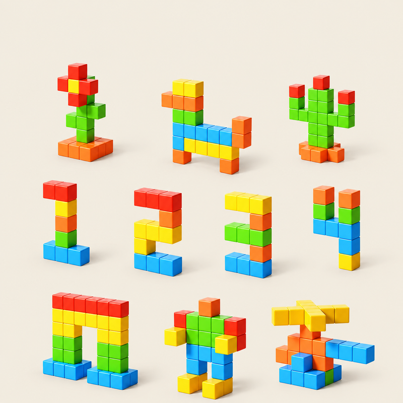 Colorful magnetic cube building ideas on warm cream background