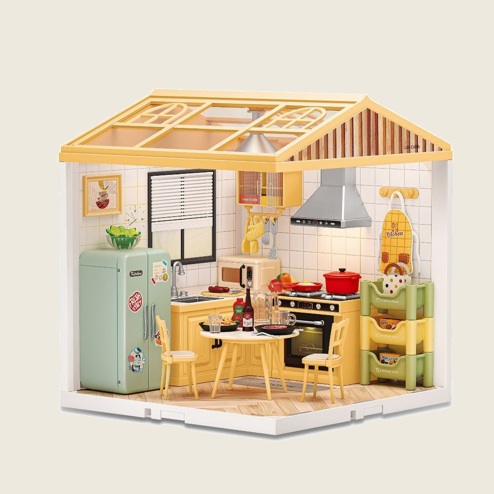 Kitchen DIY miniature building set on warm ivory background