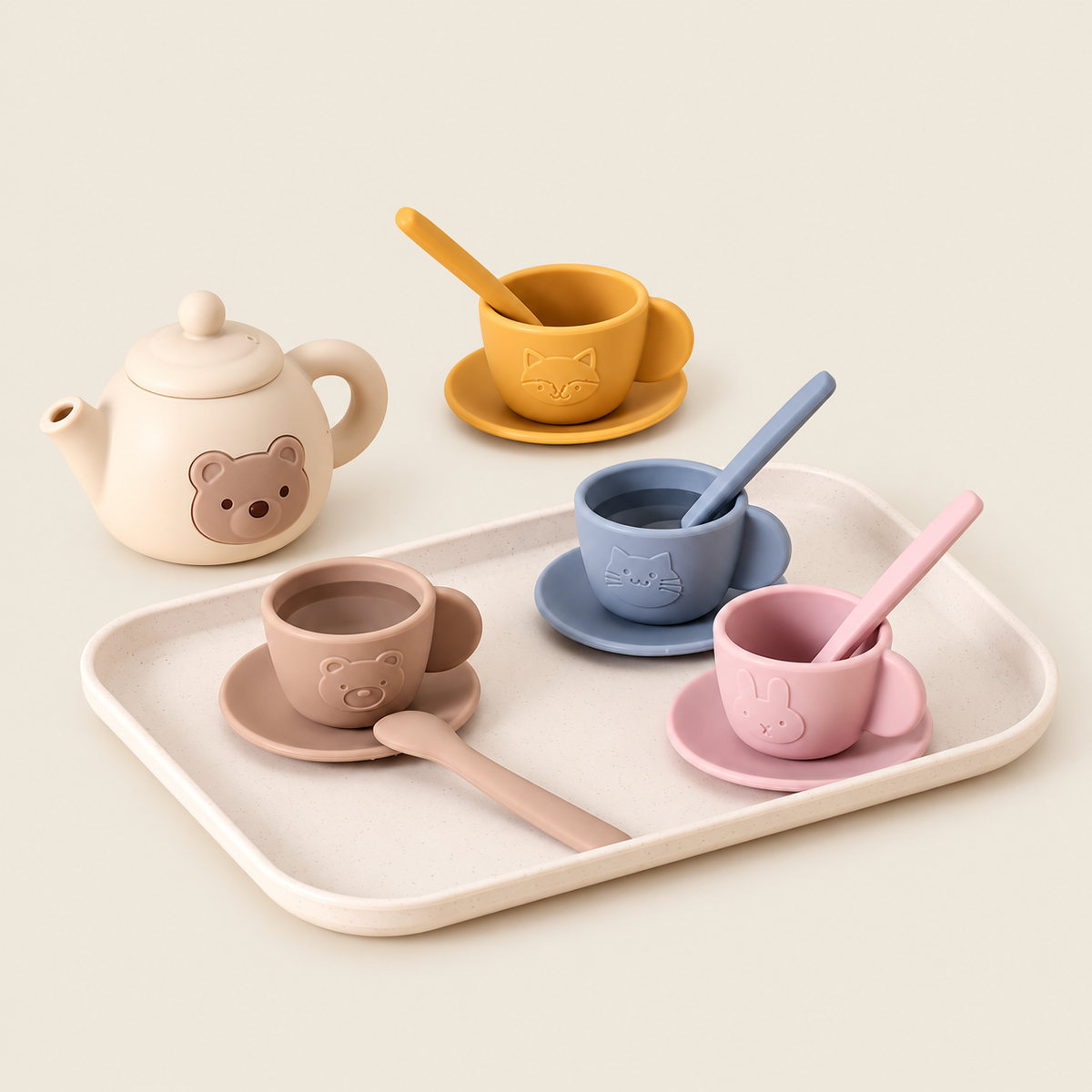 Silicone Bear Pretend Tea Set for Kids on warm neutral background