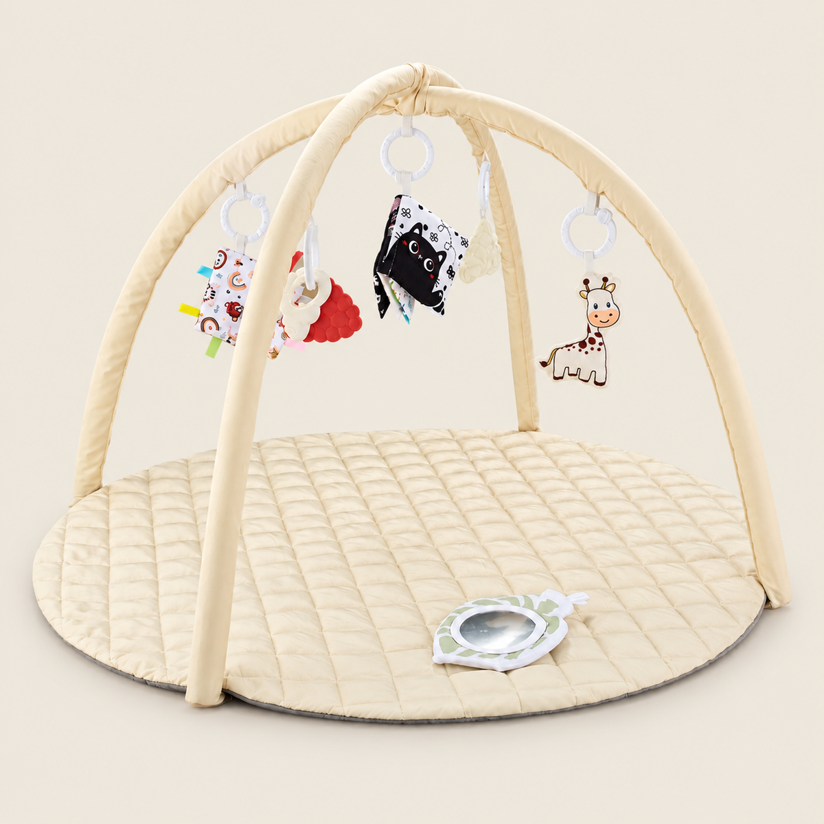 Soft Baby Activity Gym & Tummy Time Play Mat on warm neutral background