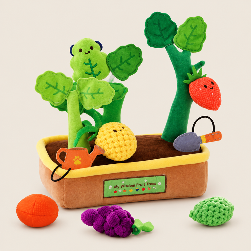 Soft Fruit & Vegetable Garden Activity Toy on warm neutral background