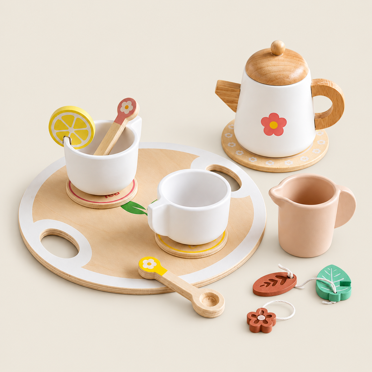 Tea Set Playset Baby Kitchen Toy on warm neutral background